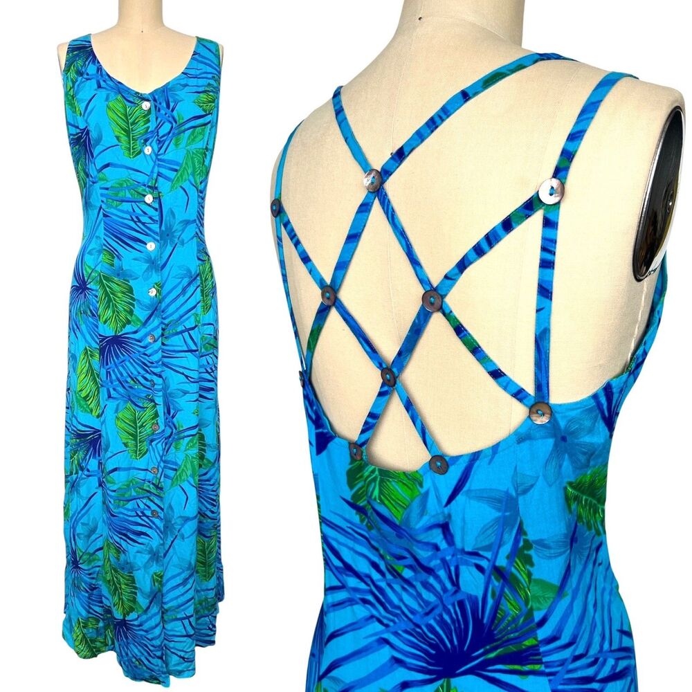 VTG 90s Y2K Teal Tropical Maxi Dress Button Front Open Back A Line Resort Sz 8 M